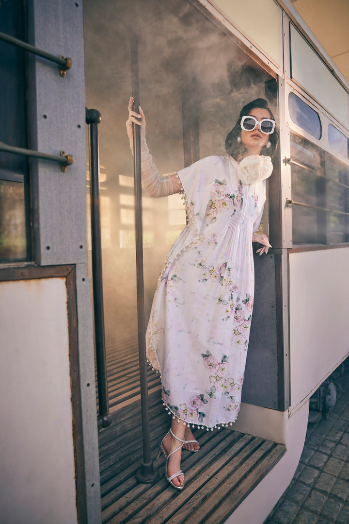 FLORAL PRINTED IVORY KAFTAN DRESS