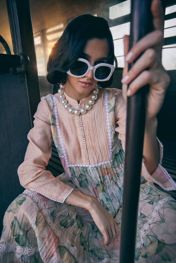 FLORAL PRINTED PEACH ANARKALI SET