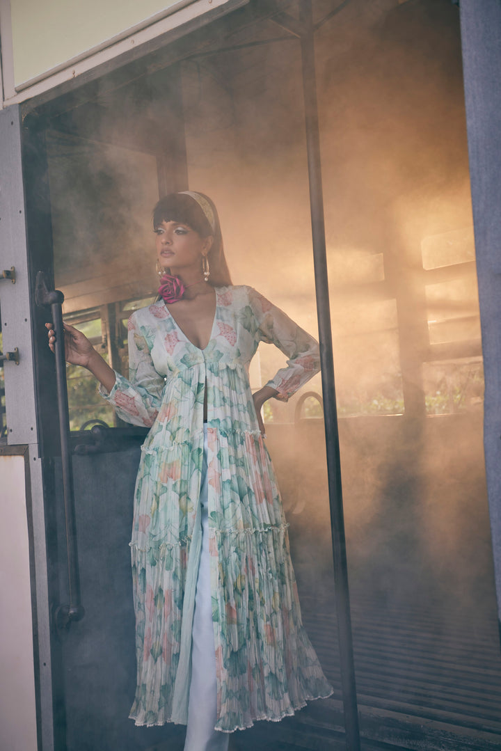 FLORAL PRINTED MINT GREEN ANARKALI SET