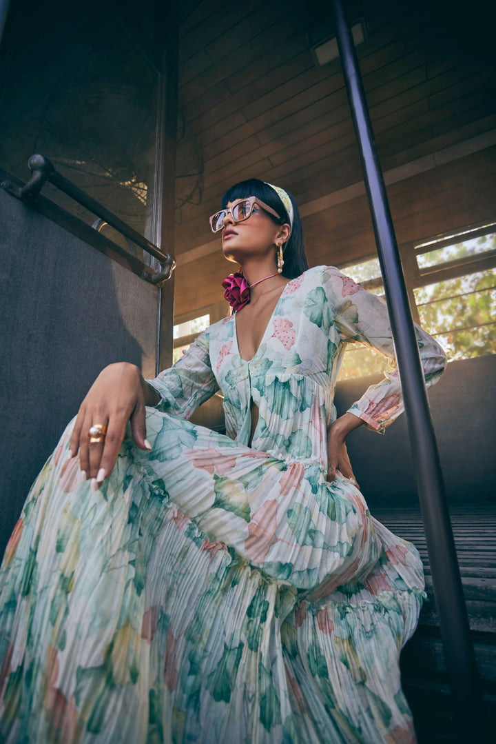 FLORAL PRINTED MINT GREEN ANARKALI SET