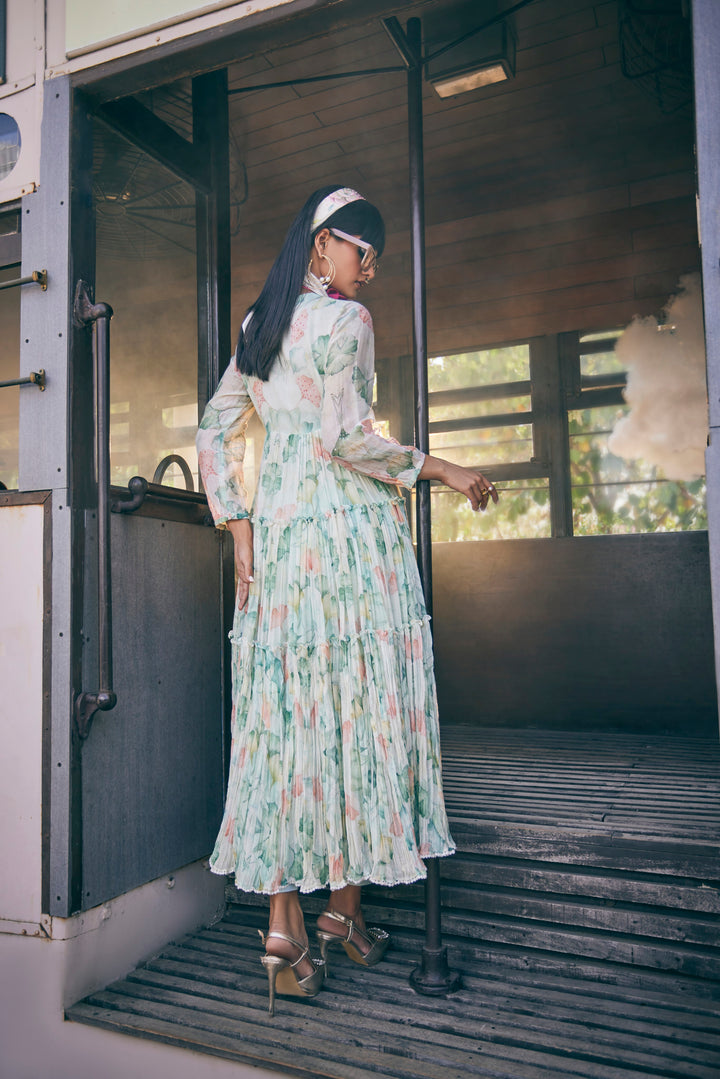 FLORAL PRINTED MINT GREEN ANARKALI SET