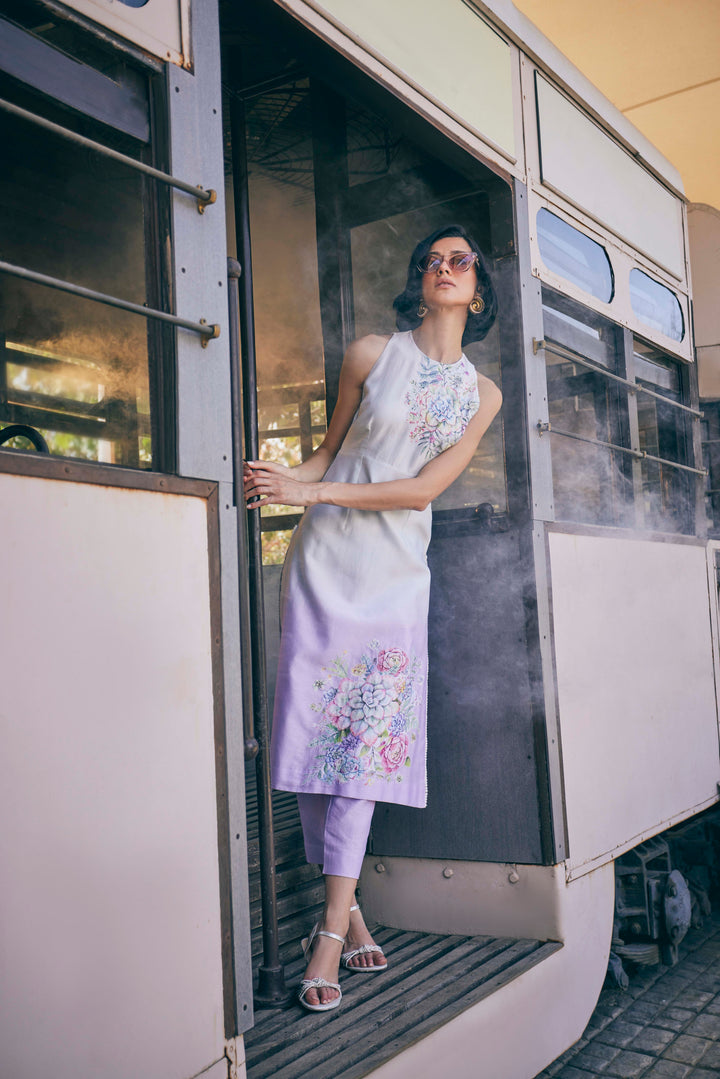 FLORAL PRINTED OMBRE -WISTERA PURPLE & MINT GREEN LONG  TUNIC SET