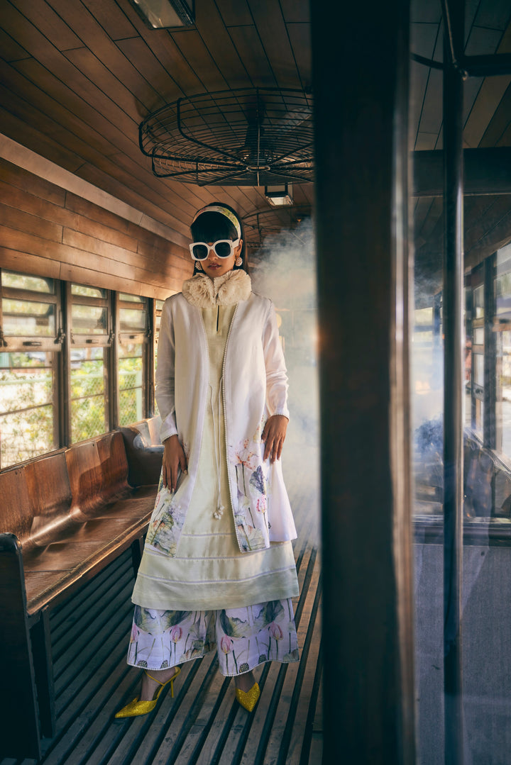 FLORAL PRINTED LIME  YELLOW TUNIC SET WITH JACKET