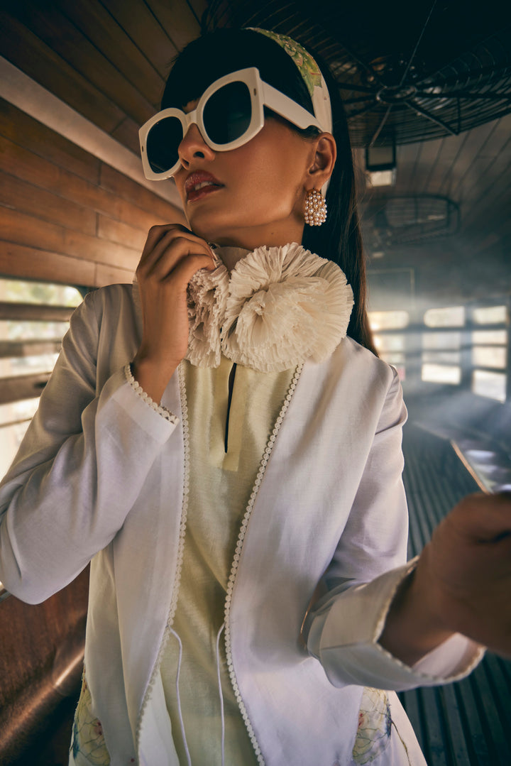 FLORAL PRINTED LIME  YELLOW TUNIC SET WITH JACKET