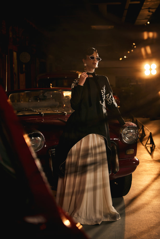 CO-ORD SET black top paired with white skirt