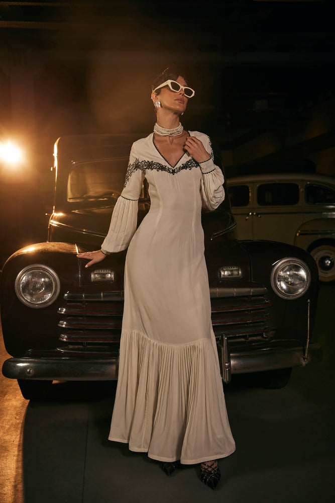 LONG DRESS with pleated yoke below knee