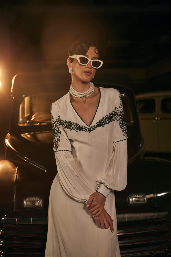 LONG DRESS with pleated yoke below knee