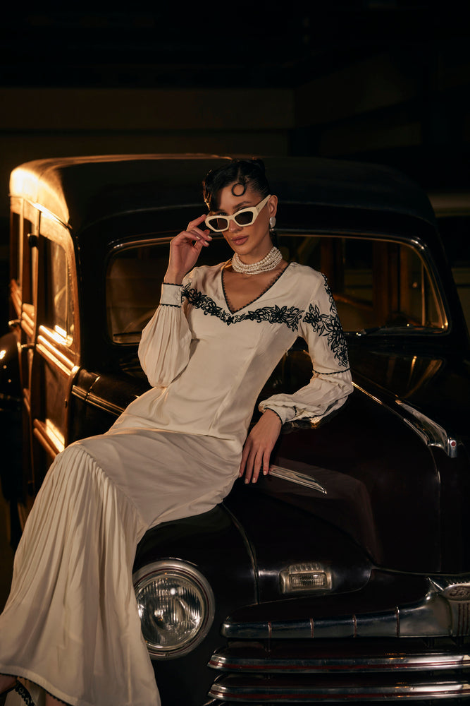 LONG DRESS with pleated yoke below knee