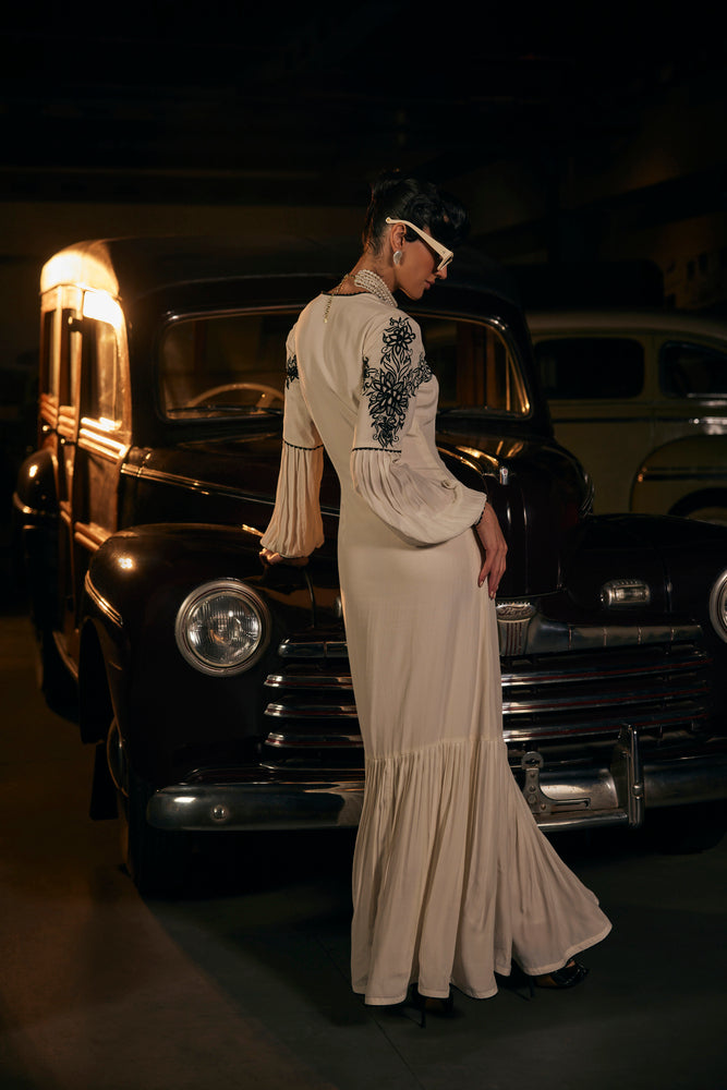 LONG DRESS with pleated yoke below knee