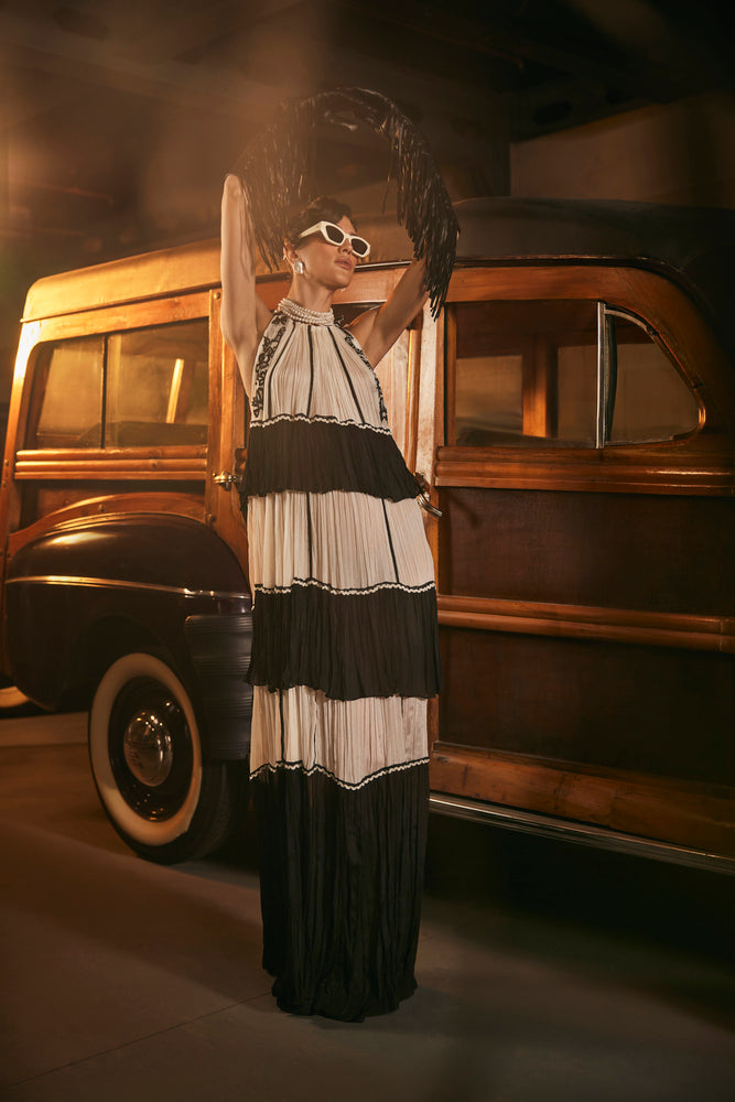 Long frill black and white layerd HALTER NECK dress