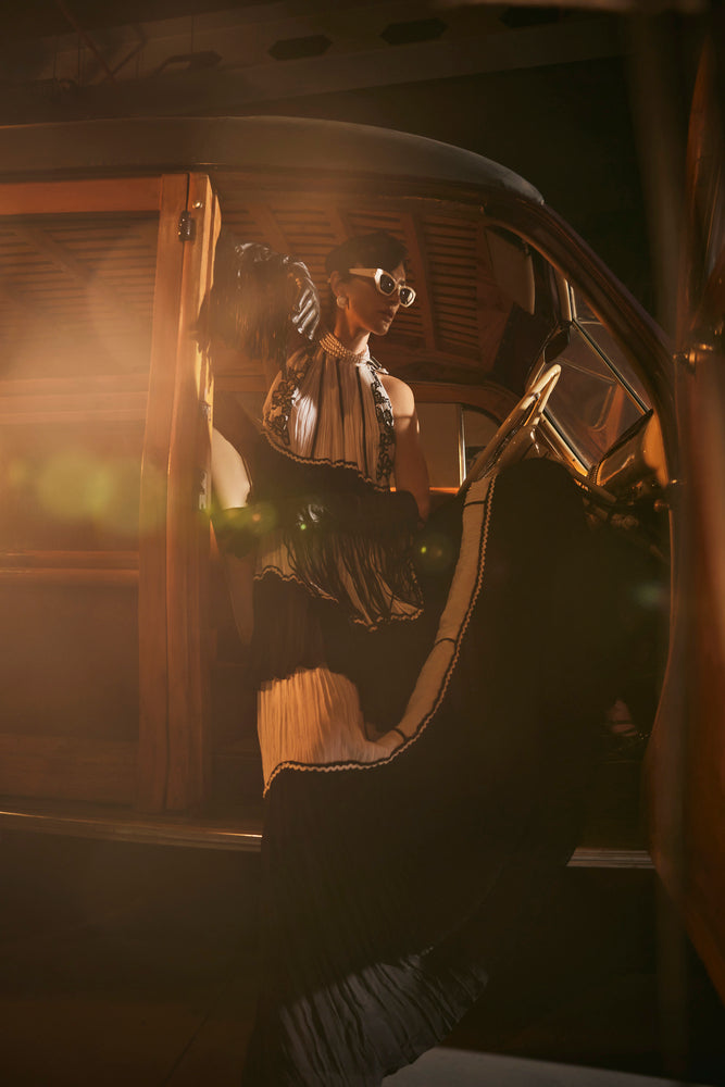 Long frill black and white layerd HALTER NECK dress