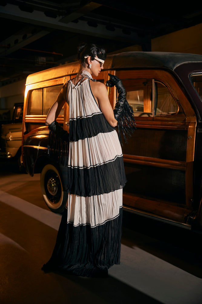 Long frill black and white layerd HALTER NECK dress