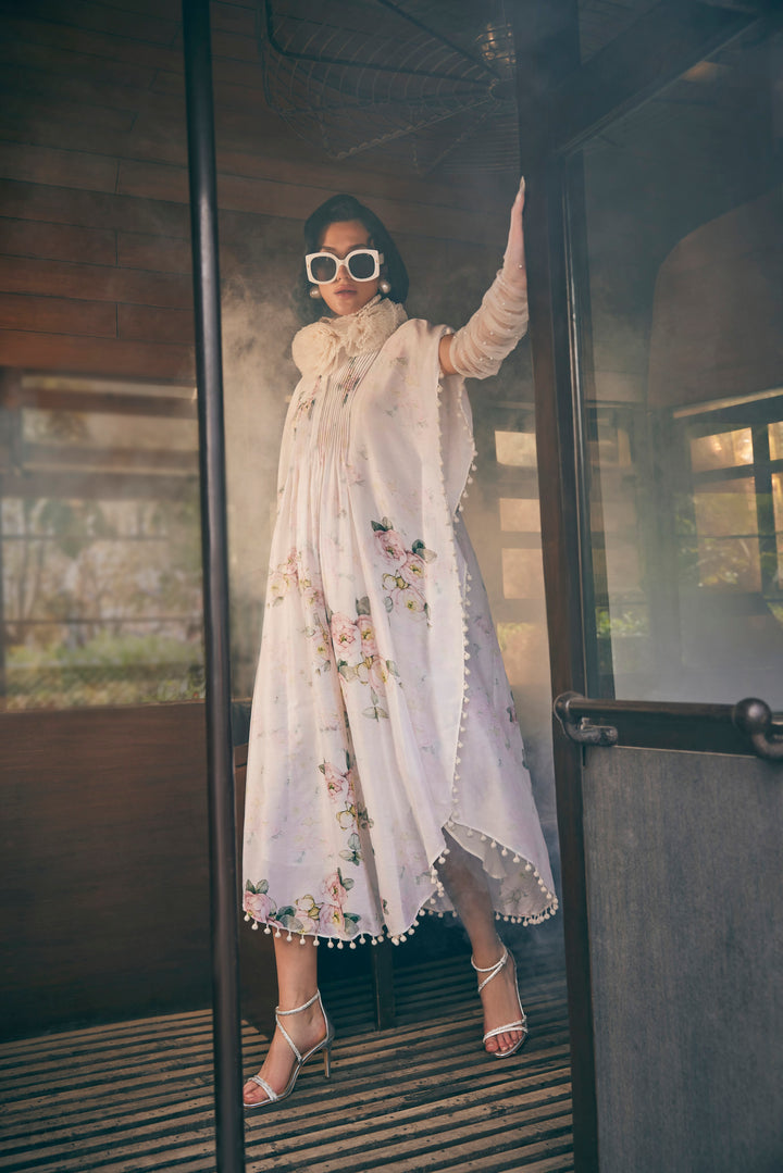 FLORAL PRINTED IVORY KAFTAN DRESS