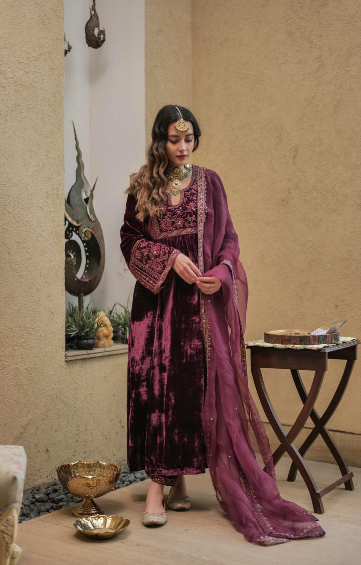 KOMAL KAPOOR- Hand Embellished Wine Kurta with Palazzo & Dupatta Set