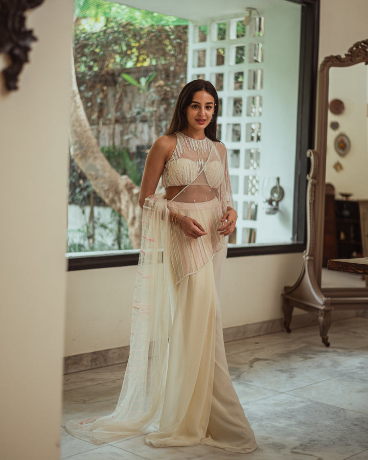 TARINI MANCHANDA- Snowy Draped Embroidered Saree with Halter Neck Bustier