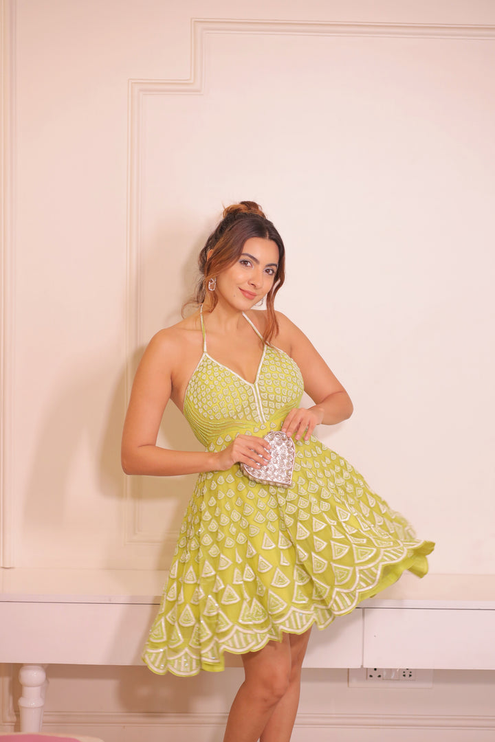 NIKI MEHRA- Lime Green Embellished Stappy Short Dress