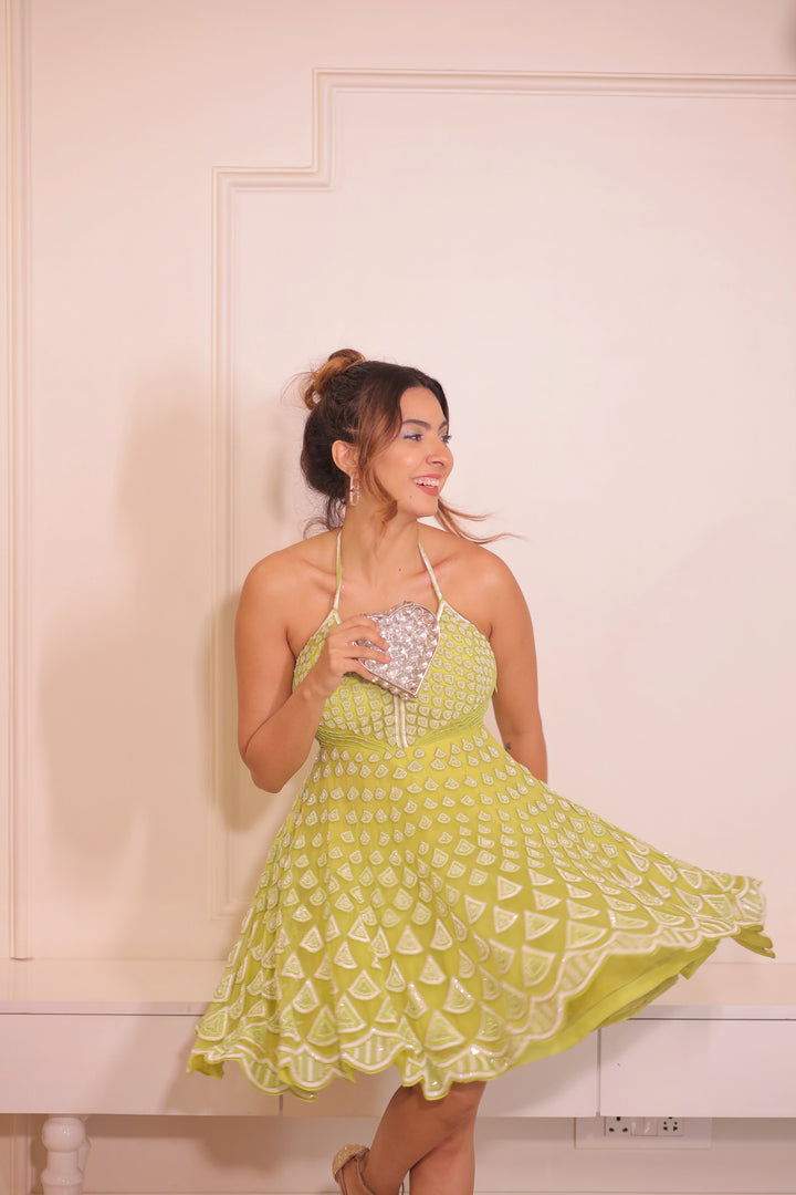 NIKI MEHRA- Lime Green Embellished Stappy Short Dress