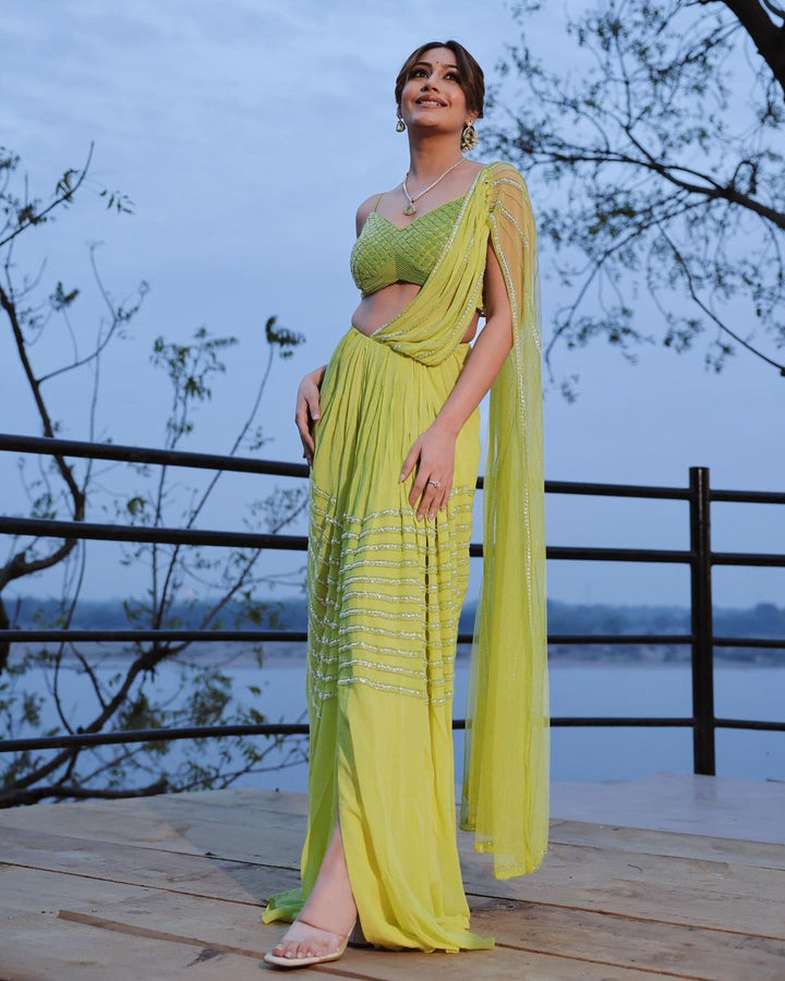 SURBHI CHANDNA- Lime Green Hand Embellished Pre Draped Saree