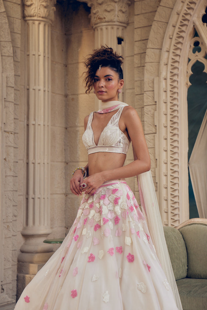 Azalea Ivory lehenga with Hand Embellished Bustier & Dupatta Set