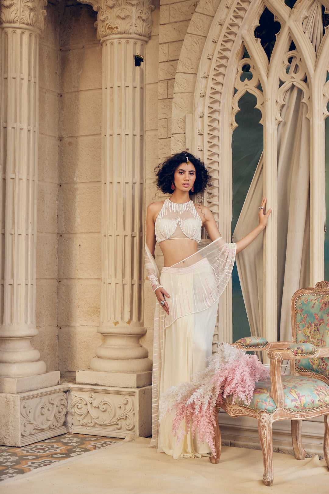 TARINI MANCHANDA- Snowy Draped Embroidered Saree with Halter Neck Bustier