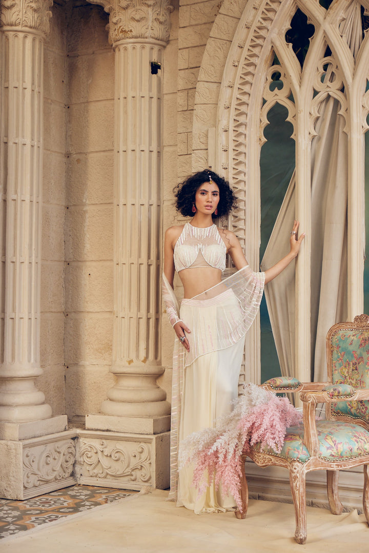 TARINI MANCHANDA- Snowy Draped Embroidered Saree with Halter Neck Bustier