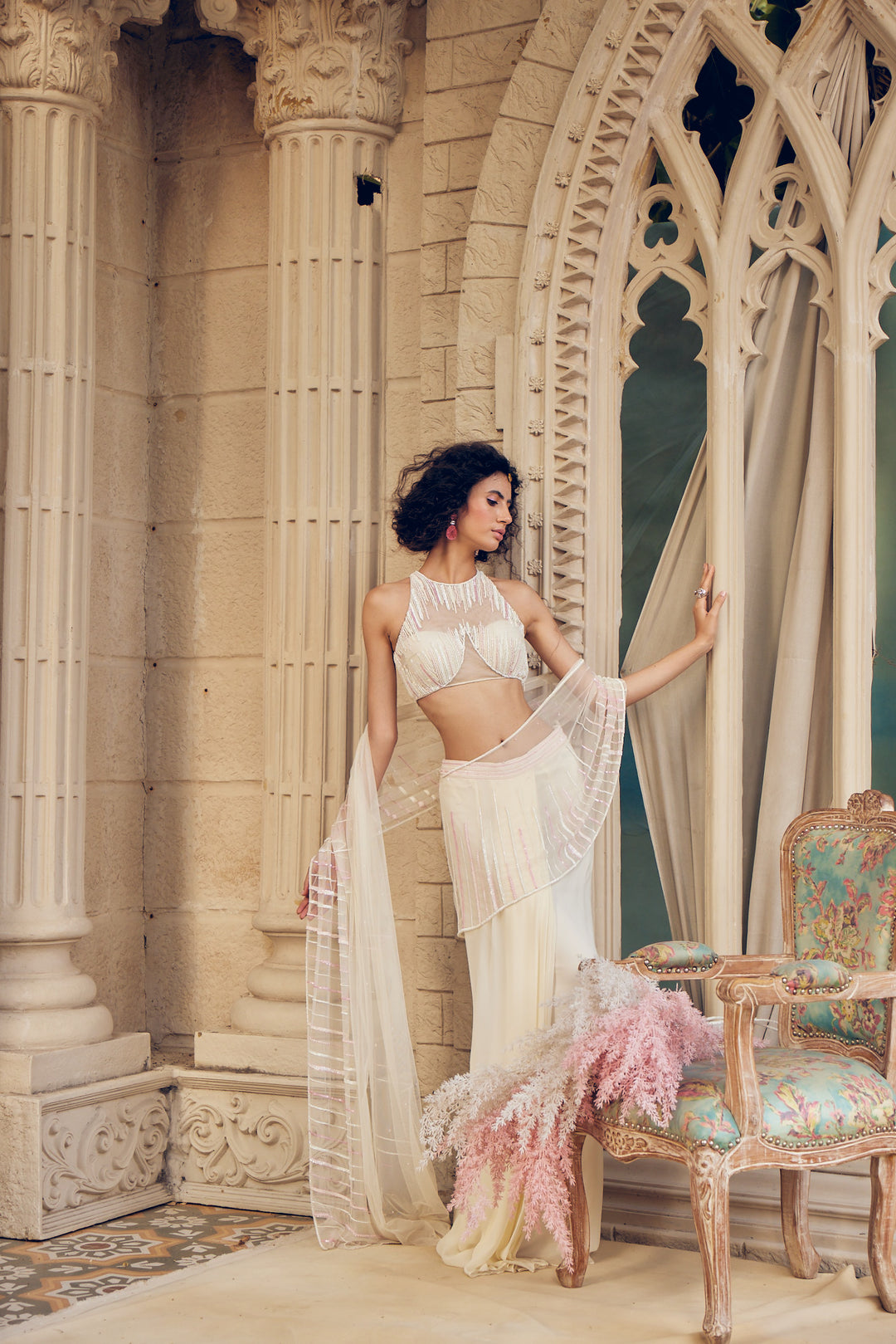 Snowy Draped Embroidered Saree with Halter Neck Bustier