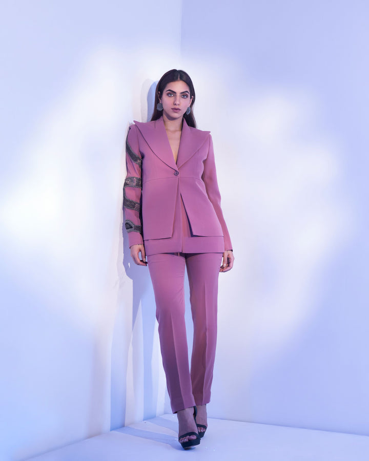 Blazer suit ,one sleeve with embellished snake embroidery