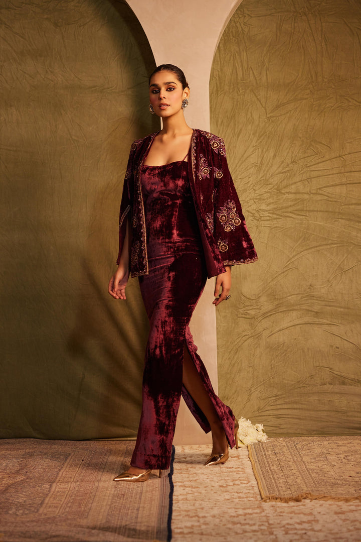 Wine Cape Jacket with high side high slit dress