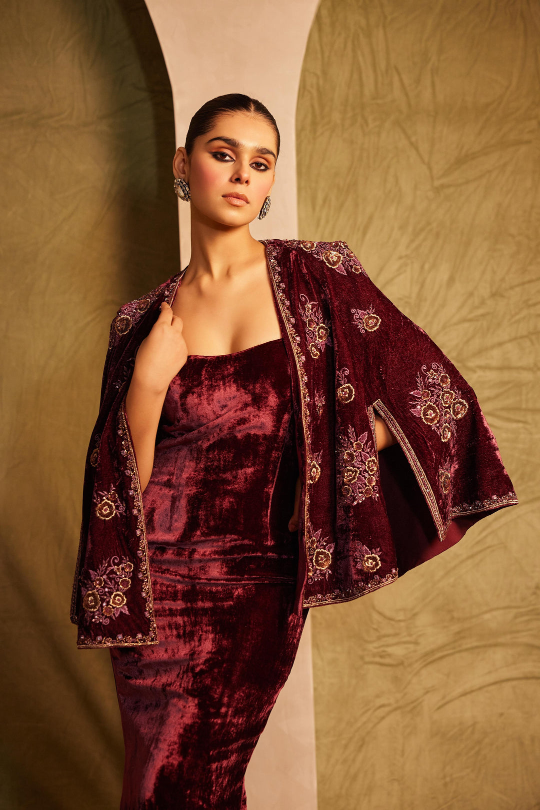 Wine Cape Jacket with high side high slit dress