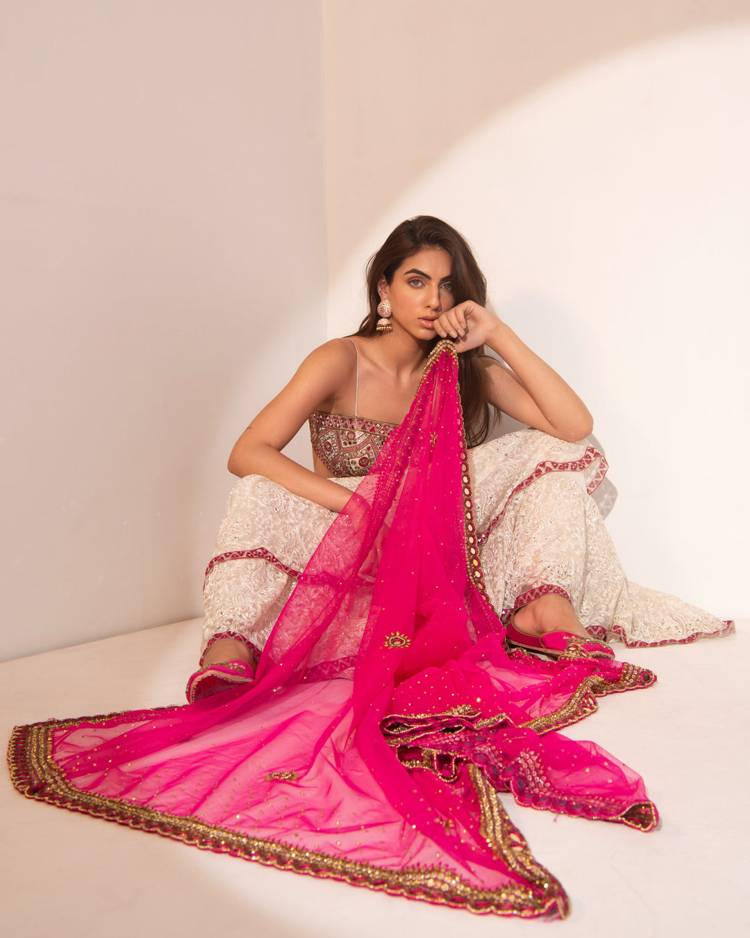 Double layered mirror work Anarkali with fushia dupatta