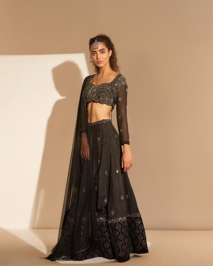 Black embellished lehenga paired set