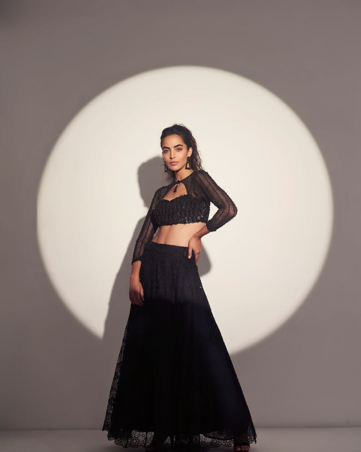 Black embellished  crop top with skirt