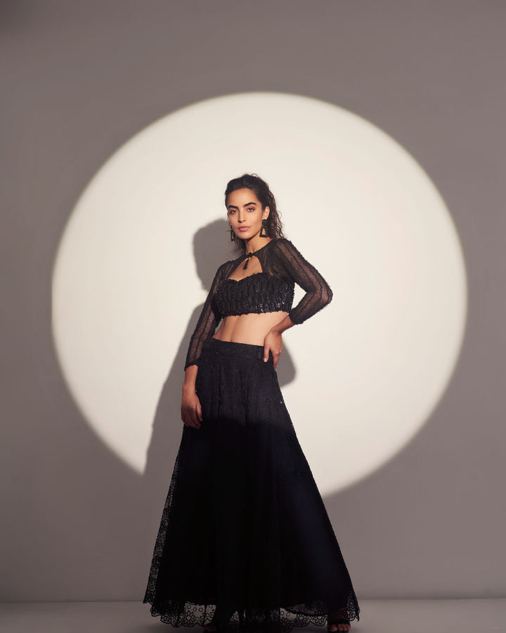 RIYA JAIN- Black embellished  crop top with skirt