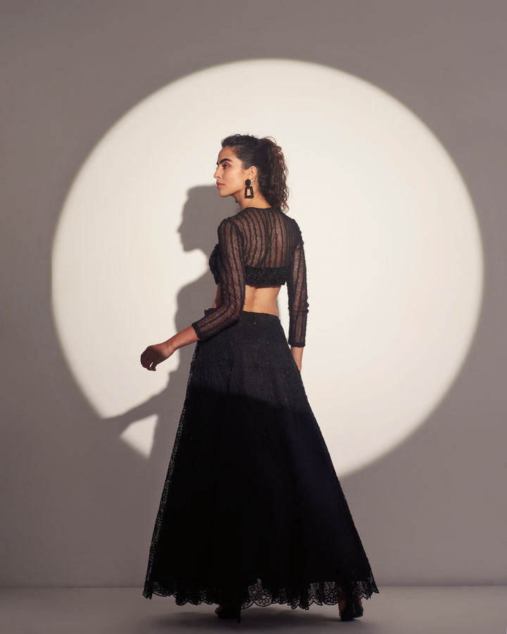 Black embellished  crop top with skirt