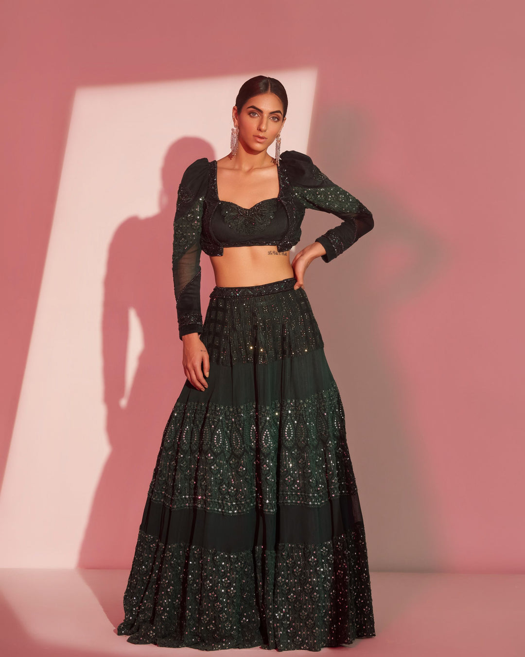 Bottle green  hand embroidered georgette lehegna set