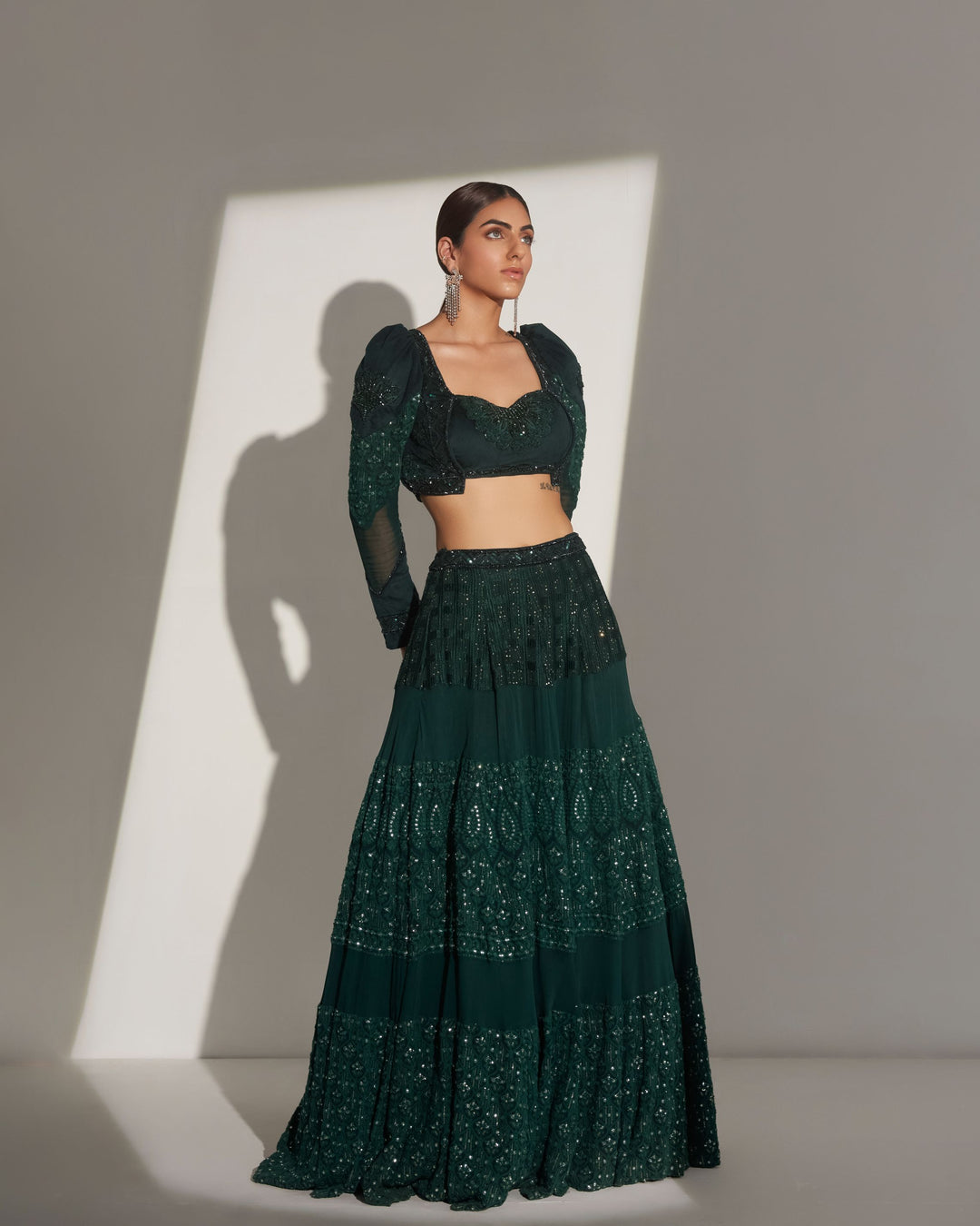 Bottle green  hand embroidered georgette lehegna set