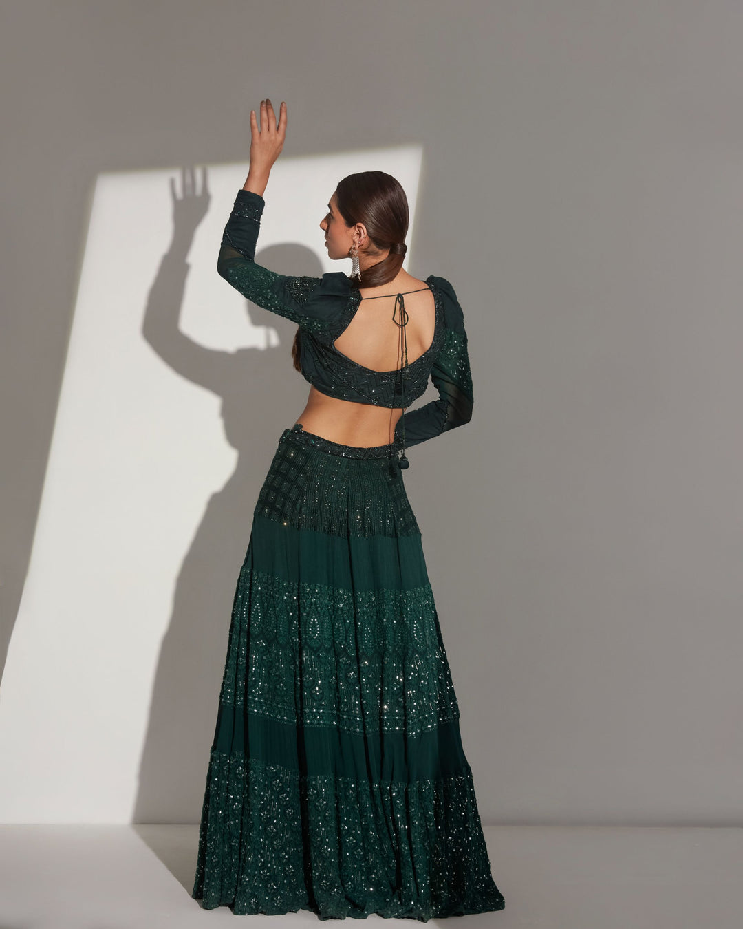 Bottle green  hand embroidered georgette lehegna set