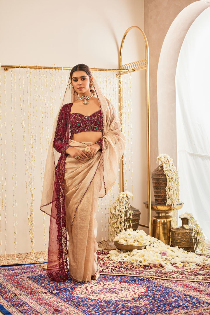 Beige Embellished Drape Saree with Blouse & Stole