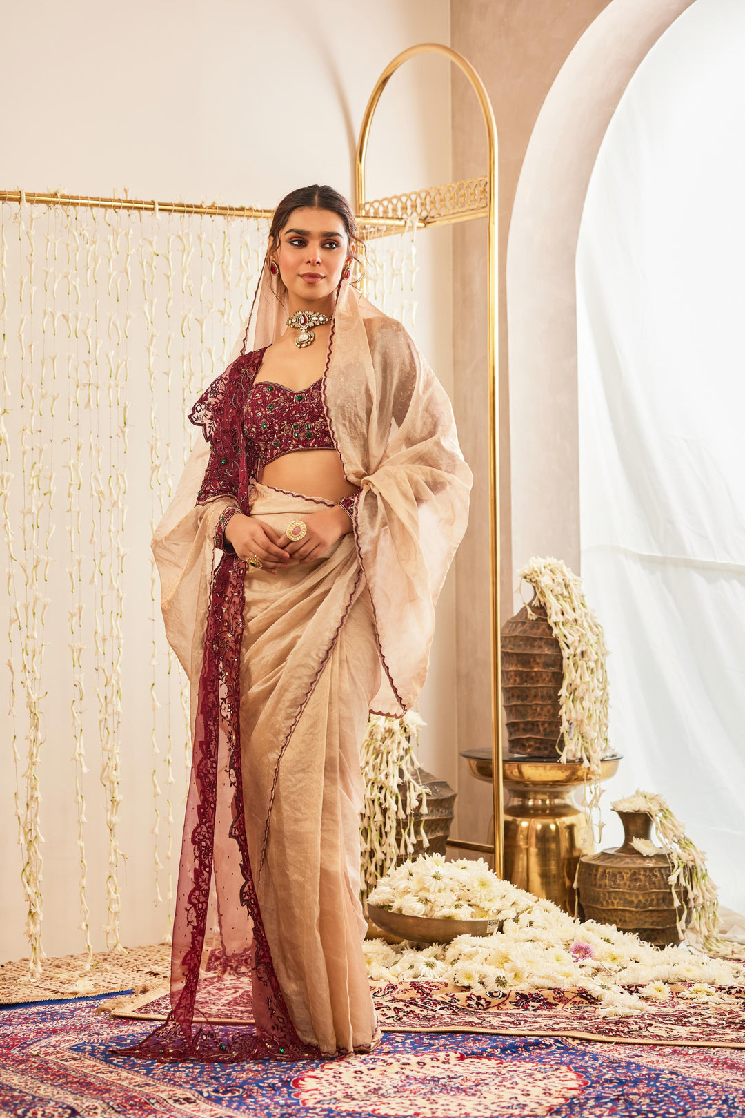 Beige Embellished Drape Saree with Blouse & Stole