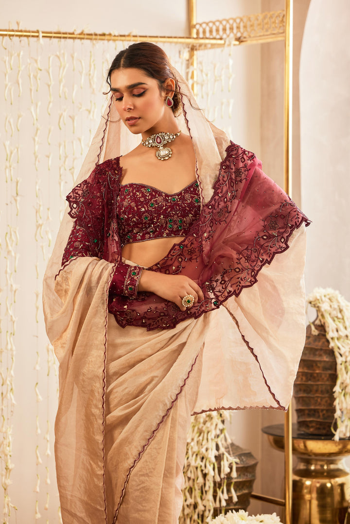 Beige Embellished Drape Saree with Blouse & Stole