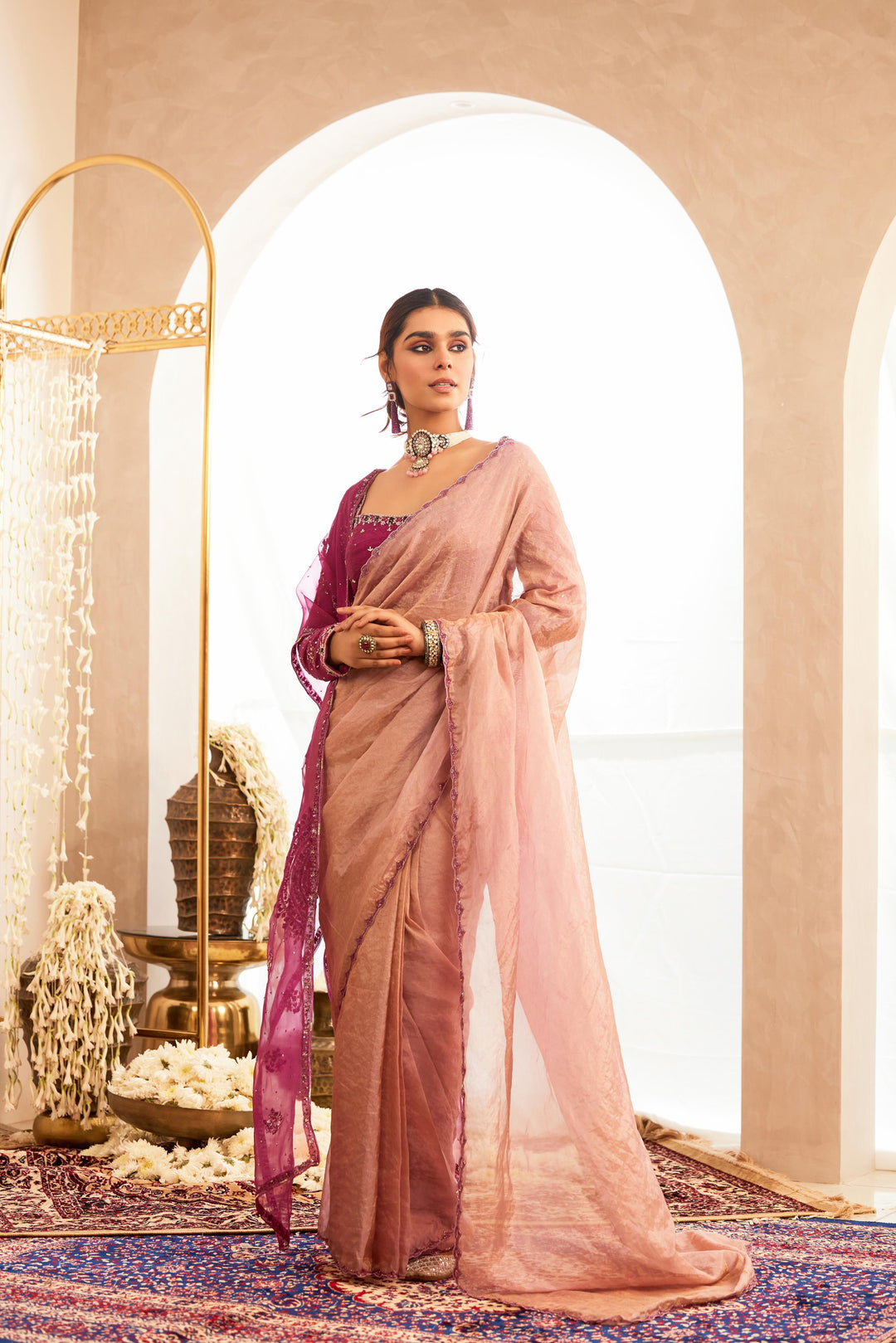 Light Mauve Drape Saree with Blouse and Stole