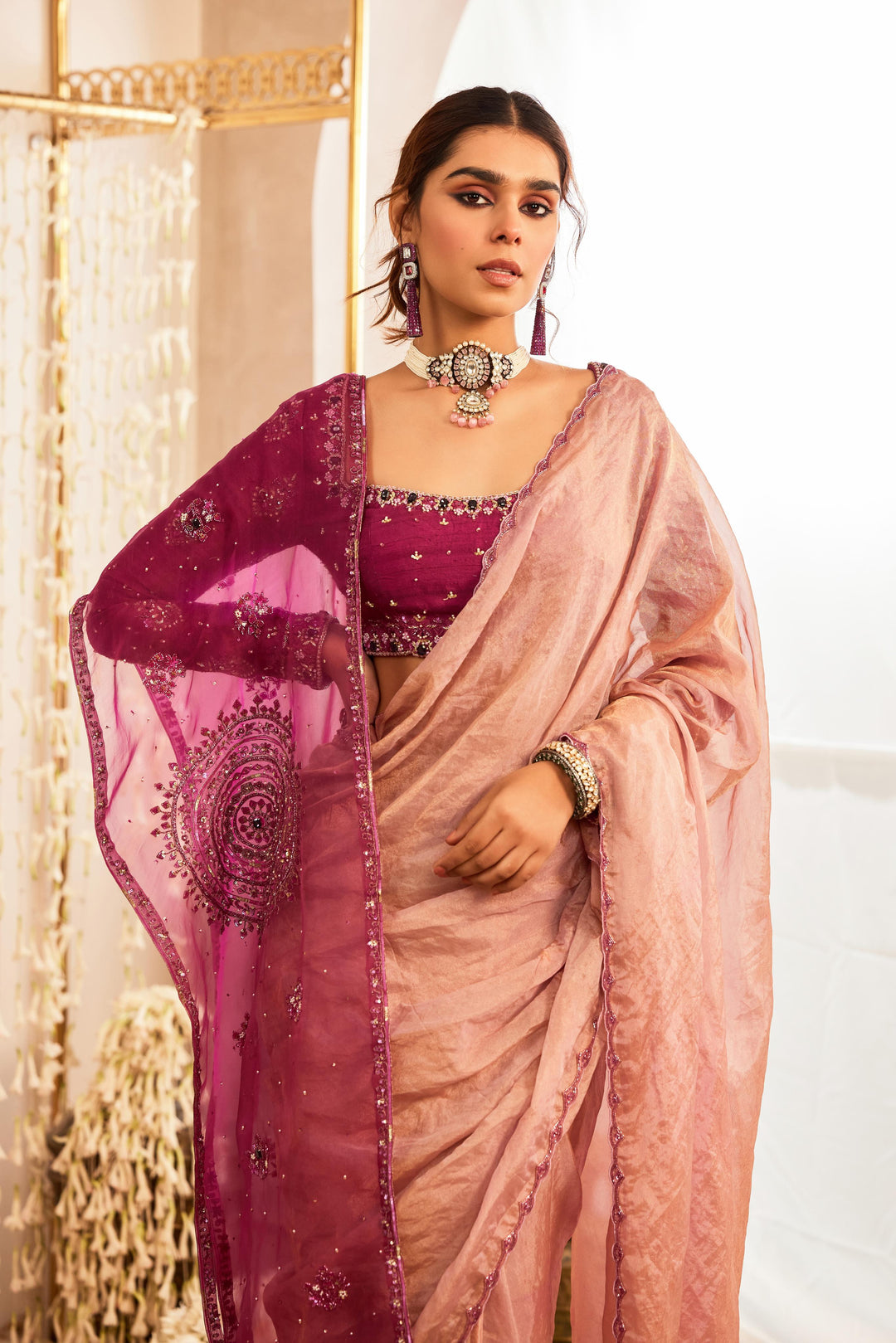 Light Mauve Drape Saree with Blouse and Stole