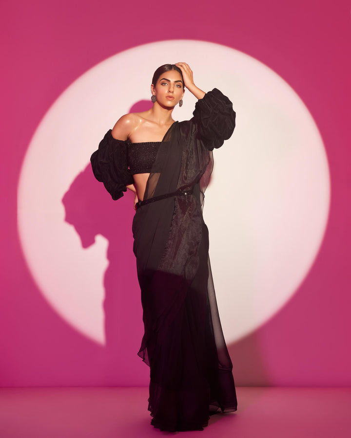 Black draped ruffled saree with velvet blouse & belt