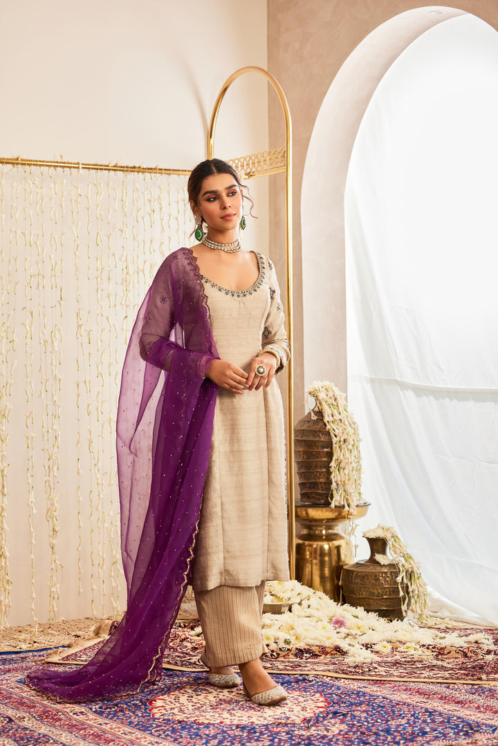 Light Grey Kurta with Palazzo Pants Dupatta Set