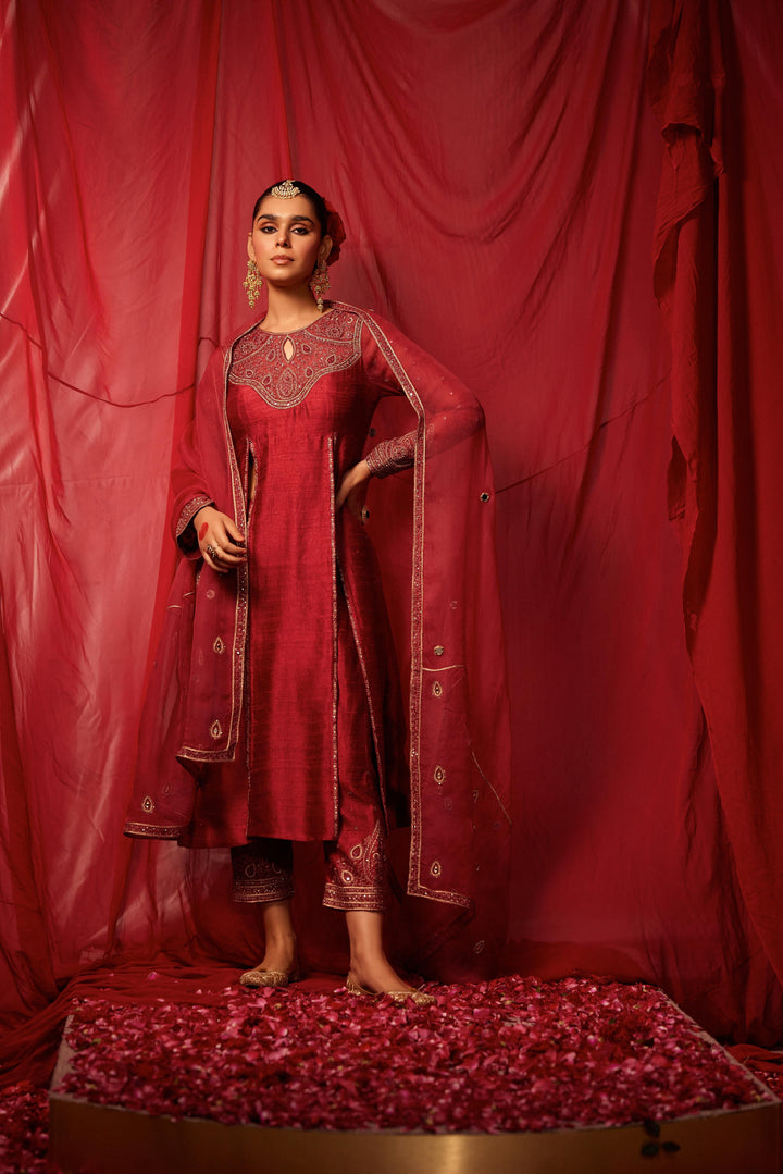 Jamberry Long Front Slit Embellished Kurta with Pant & Dupatta Set