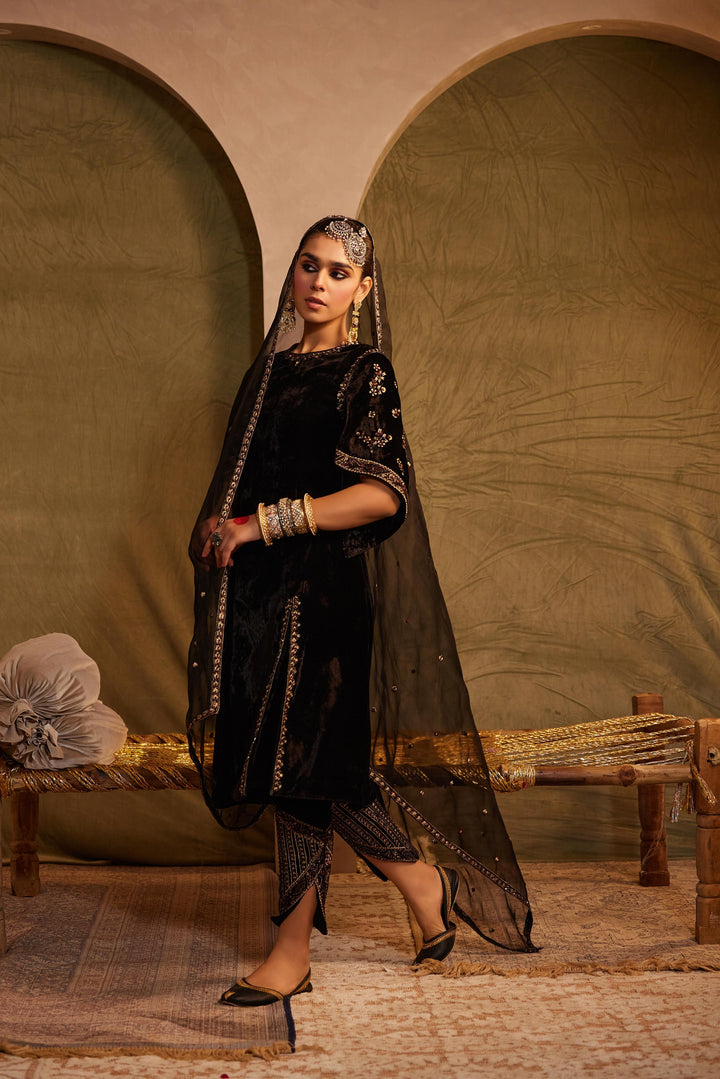 Midnight Black Embellished  Kurta with Pant & Dupatta Set