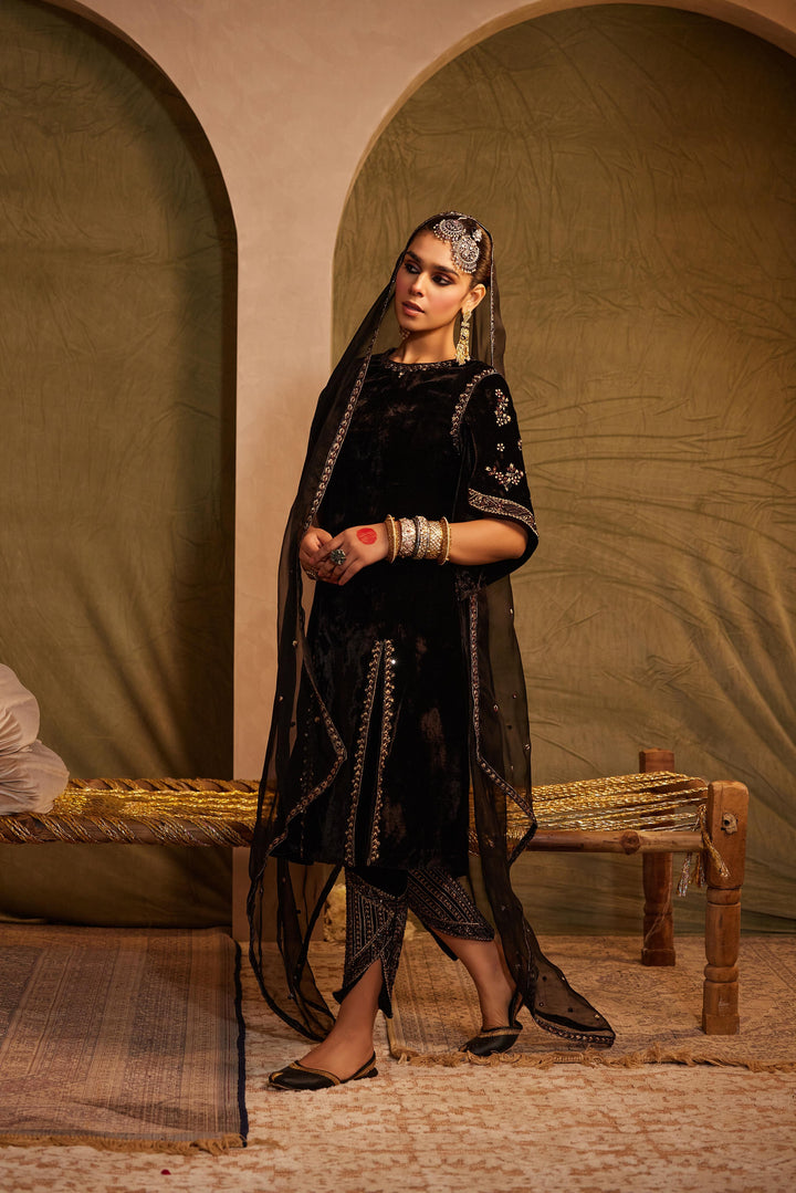 Midnight Black Embellished  Kurta with Pant & Dupatta Set