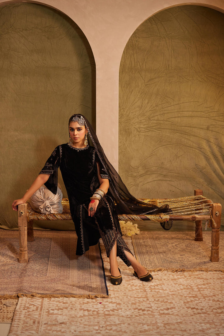 Midnight Black Embellished  Kurta with Pant & Dupatta Set