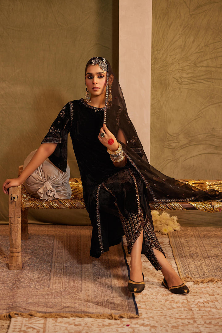 Midnight Black Embellished  Kurta with Pant & Dupatta Set