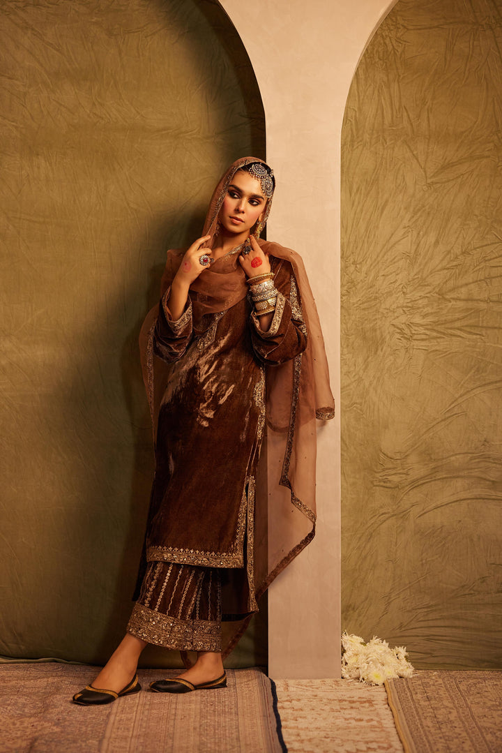 Hazelnut Brown Embellished Kurta with Palazzo Pants & Dupatta Set